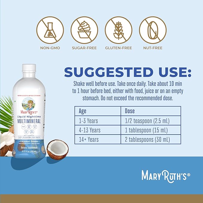MaryRuth's Liquid Morning Multivitamin +Hair Growth (Peach Mango 15oz) &amp Nighttime Multimineral (Coconut 15oz) | Clean Label Project Verified® | Vegan Non-GMO | Beauty Bedtime Routine &amp We