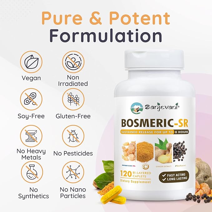 Joint Immune Support Supplement Patented Blend Turmeric Curcumin C3 Complex with Black Pepper Boswellia PS Extract &amp Ginger Fast-Acting 20 minutes 8-Hour Sustained Release 120 Caplets - Sanje