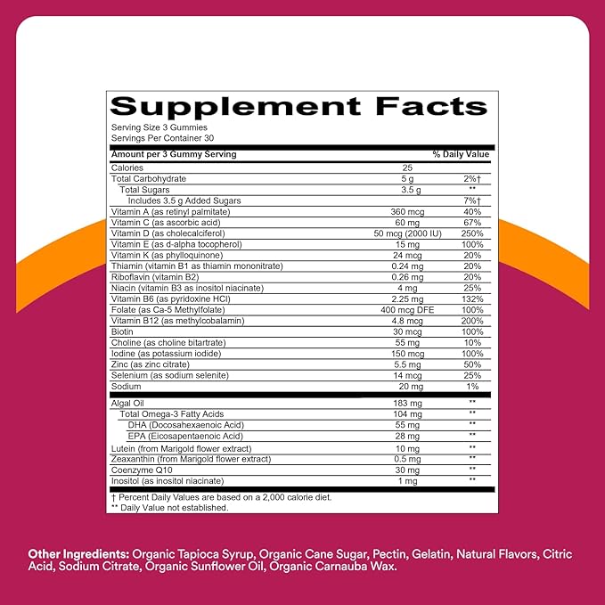 SmartyPants Multivitamin Gummy for Women 50 and Over Omega 3 (DHA/EPA) Methylfolate CoQ10 Vitamin D3 C Vitamin B12 B6 A K Biotin Gluten Free 90 Count (30 Day Supply)