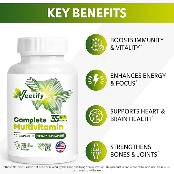 Complete Multivitamin 35‑in‑1 – High‑Potency Daily Vitamins &amp Minerals with Antioxidants (A B‑Complex C D E) Magnesium Zinc &amp Green‑Tea Detox Formula for Women &amp Men – 60 Veggie Caps