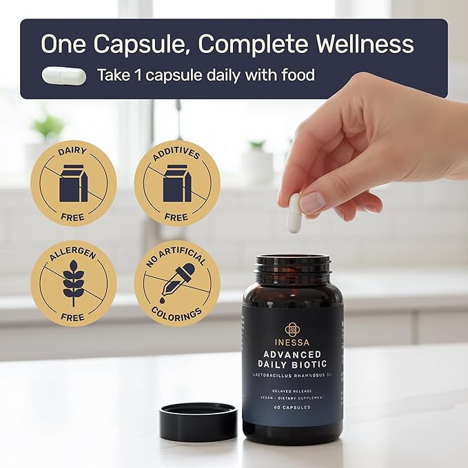Inessa Daily Biotic - Probiotics for Women Digestive Health with Delayed Release Technology - Advanced Probiotic with 10 Billion CFU - Lactobacillus Rhamnosus Strain 60 Vegan Capsules for Men &amp Wo