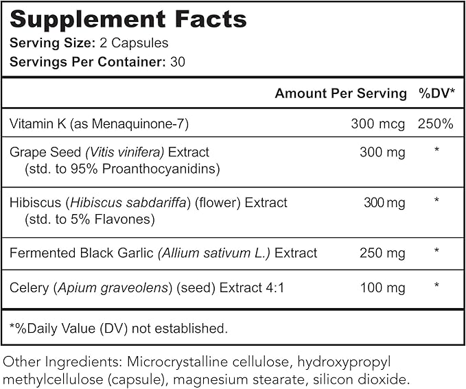 Vaso Calm - Healthy Blood Balance Supplement - Features Fermented Garlic Celery and Grape Seed Extract Hibiscus and Vitamin K2 - Made in The USA 180 Capsules