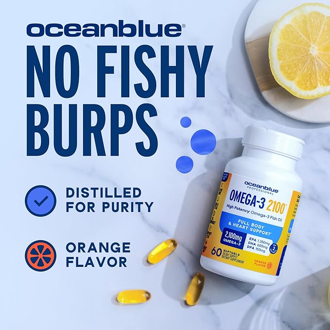Oceanblue Professional Omega-3 2100mg Fish Oil Supplement Triple Strength High Potency EPA DHA &amp DPA Burpless Wild-Caught Natural Orange Flavor 60 Softgels (Pack of 1)