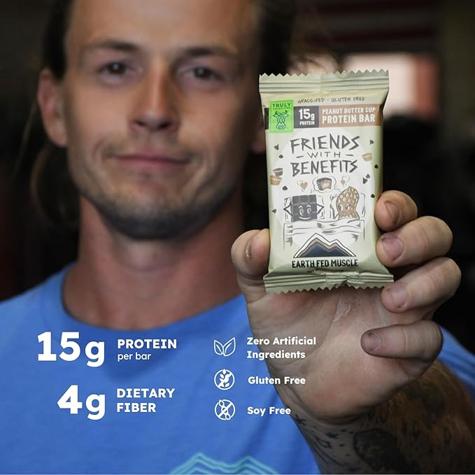 Earth Fed Muscle Friends with Benefits Chocolate Peanut Butter Grass Fed Whey Protein Bars | 15g Protein Snack | Gluten Free Non-GMO All-Natural Peanut Butter Energy | 2.12 oz Bars (10 Count)