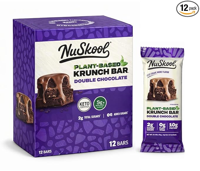 NuSkool Snacks Double Chocolate Keto Friendly Protein Krunch Bars (12 Pack) - 7g Fiber 10g Clean Plant-Based Protein 3g Net Carbs - Gluten-Free Non-GMO Vegan Low Carb Keto Healthy Breakfast Snack
