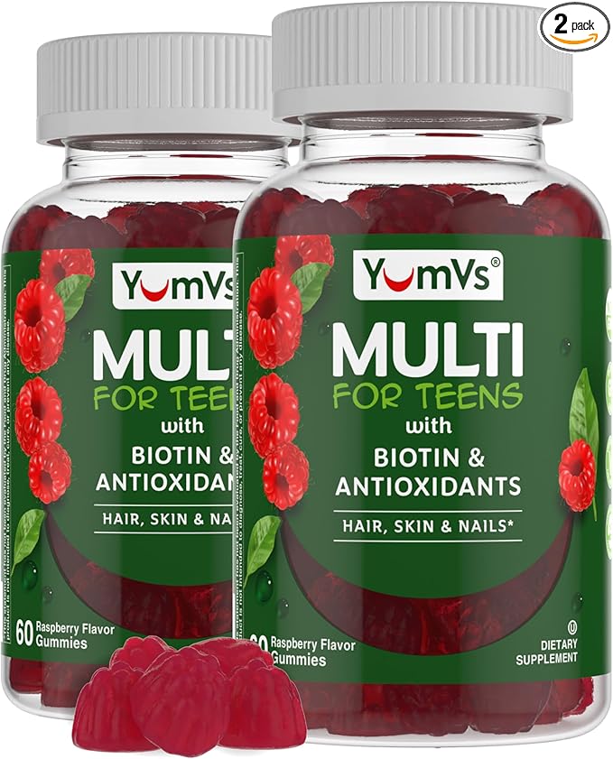Teen Multivitamin Gummies with Biotin and Antioxidants - Raspberry Flavor - Hair Skin Nails Support - Vegetarian Kosher Teen Vitamins for Boys and Girls 12-17 - 60 Count (Pack of 2)
