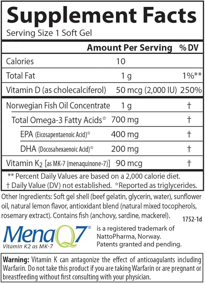 Carlson - Elite Omega-3 Plus D &amp K 700 mg Omega-3s + D3 &amp K2 Function Bone Health &amp Immune Support Lemon 180 Softgels