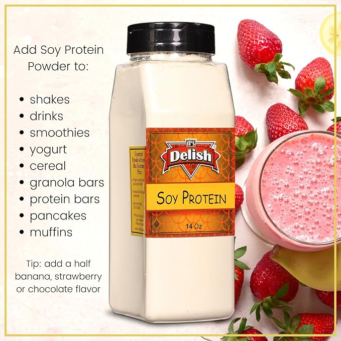 It's Delish Soy Protein Powder 14 OZ Large Jar | Plant-Based Bulk Protein Powder Unflavored for Drinks Shakes Meal Replacement | No Sugar Added Vegan Gluten &amp Milk Free Keto Kosher