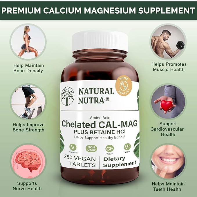 Natural Nutra Chelated Calcium Magnesium 1000/500 mg Supplements Plus Betaine HCL - Chelated Cal Mag Improves Bone Density Supports Muscle Teeth Cardiovascular &amp Nerve Health 250 Vegan Tablets