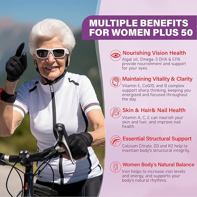 Multivitamin Gummies for Women 50 Plus - with Omega 3 Coenzyme Q10 Iron Calcium Zinc Vitamin A C D3 E K2 B Complex Folate - Multi Vitamins &amp Minerals for Energy Beauty Immune Sugar F