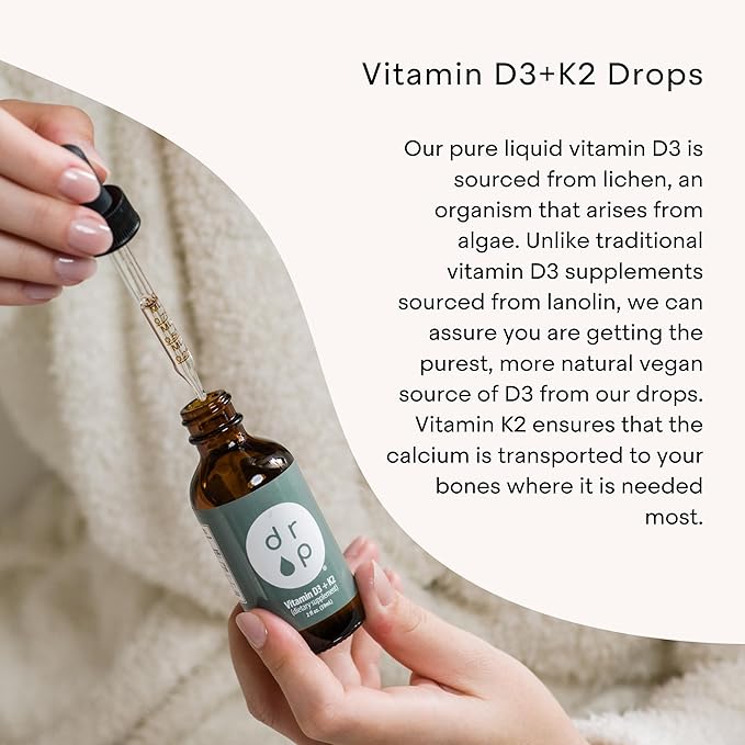 Vitamin D3 + K2 Drops with 1000 IU of Plant Based D3 and 45 mcg of K2 2 oz Liquid Supplement for Bone Strength Improved Mood - No Artificial Preservatives Unflavored with Coconut MCT Oil
