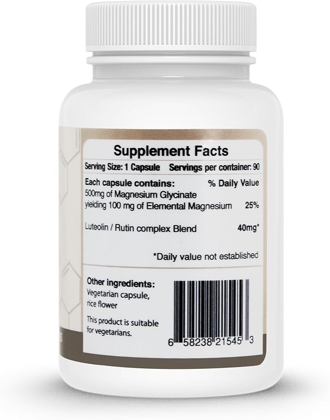 Lutimax Magnesium Glycinate 500mg w/Premium Luteolin &amp Rutin Blend - 100mg Elemental Magnesium for Stress Calm Relaxation &amp Sleep Support - Vegan Non-GMO Gluten Free &amp Made in USA -