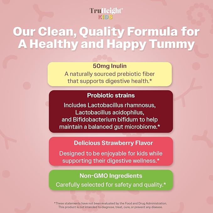 TruHeight Kids Prebiotic &amp Probiotic Gummies Ages 2+ (Strawberry Flavor) Toddlers &amp Kids All Natural Gut Health Digestive Enzymes Stomache Ache Constipation Relief Supplement - Pediatric Vi