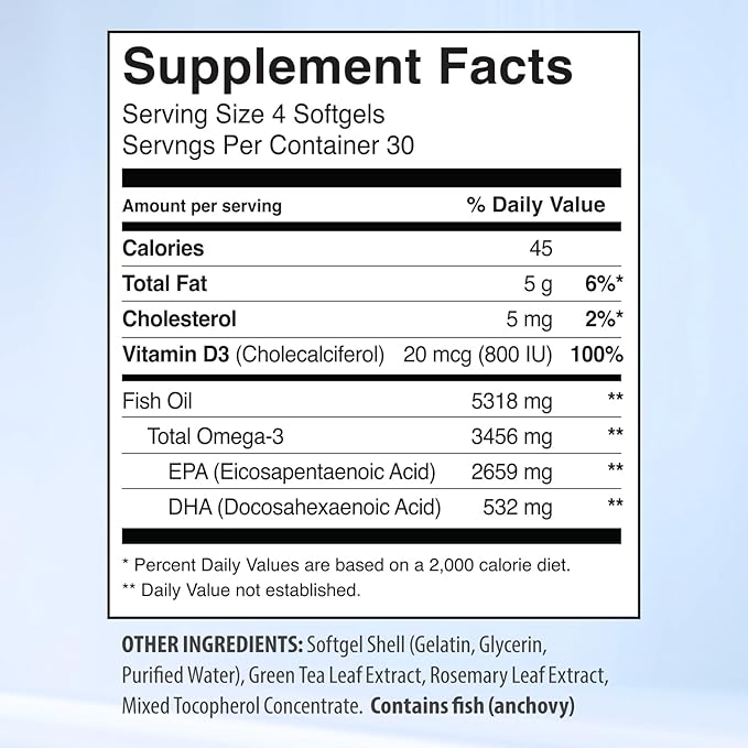 5X Ultimate Strength Omega 3 Fish Oil Supplements with High EPA and DHA Omega 3 Fatty Acids Fish Oil Supplement with Vitamin D and No Fishy Aftertaste 120 Softgels