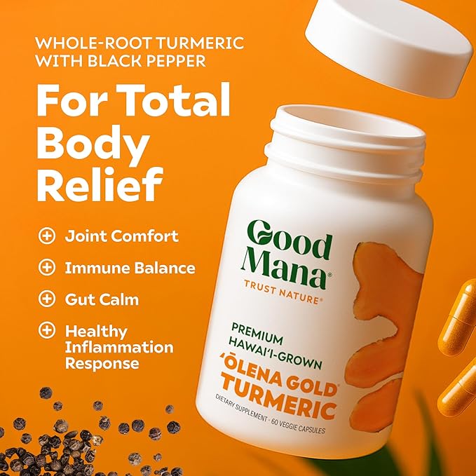 Good Mana Olena Gold Hawaii-Grown Turmeric Supplement - Organic Turmeric Curcumin with Black Pepper - Joint Support &amp Inflammation Relief - 60 Vegan Capsule