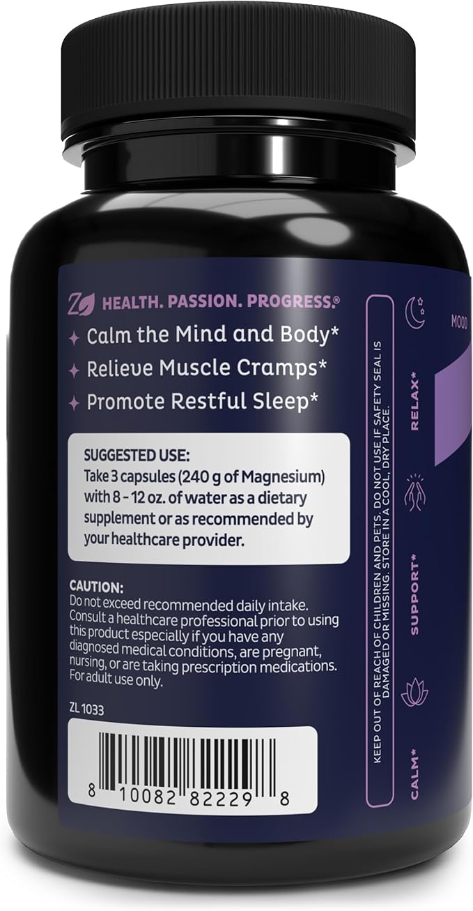Zeal Naturals Chelated Magnesium Glycinate Supplement - 240mg 135 Capsules | Magnesium for Sleep Muscle Recovery &amp Relaxation | Non-GMO