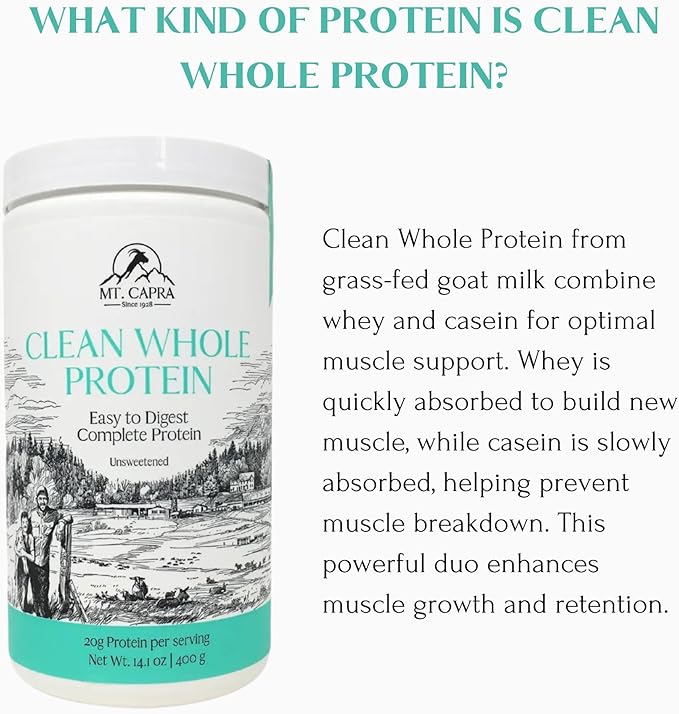 Mt. Capra Clean Whole Protein | Grass-Fed Goat Protein with Whey and Casein Protein | No Bloat Build and Maintain Muscle 20 g Protein per Serving No Sweeteners | 13 Servings - 400 g