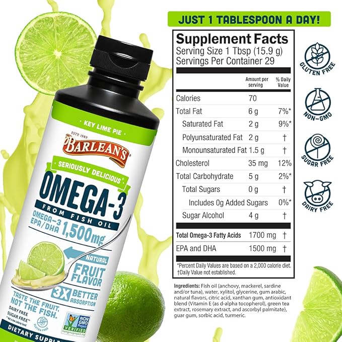 Barlean's Omega 3 Fish Oil Liquid Supplement for Men and Women 1500mg of EPA and DHA Fatty Acid Promotes Brain &amp Heart Health - Non-GMO Key Lime Pie 16 oz