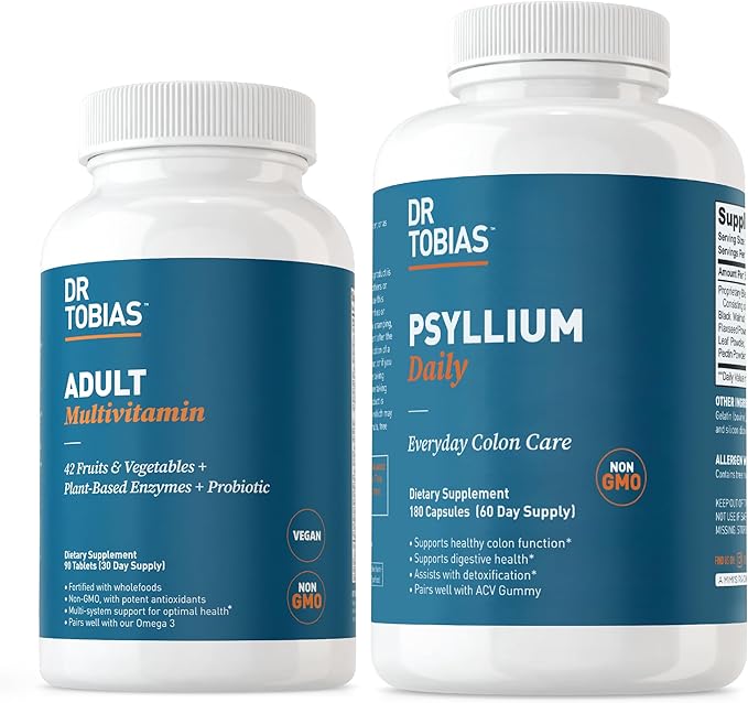 Dr. Tobias Adult Multivitamin &amp Psyllium Daily Supports Energy Immunity &amp Healthy Bowel Movements with 42 Fruits &amp Vegatables Psllium Husk Bentonite Clay Flaxseed &amp Natural Ingredi