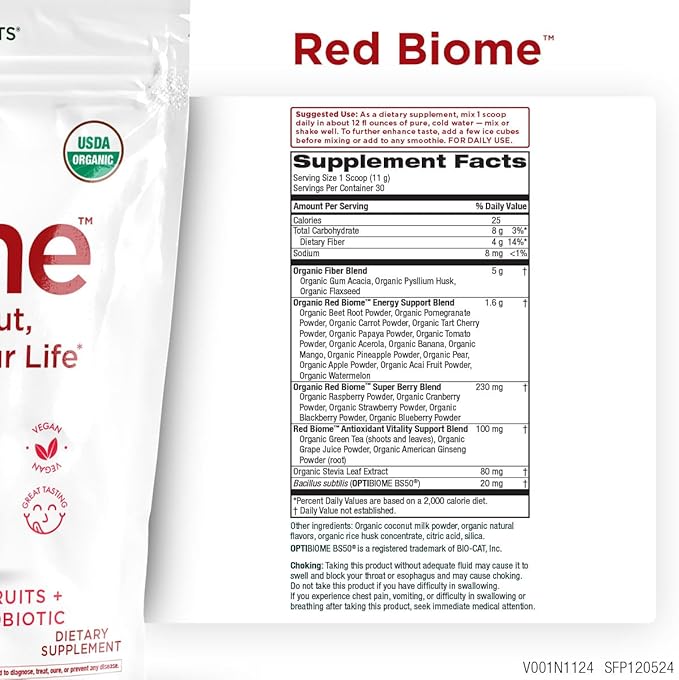 Red Biome – Gut Biome &amp Digestive Health Support with OPTIBIOME® Probiotic – Reduces Minor Bloating Burping &amp Gas – With 4g Organic Fiber Super Berries Superfoods &amp Antioxidants – 30 Se