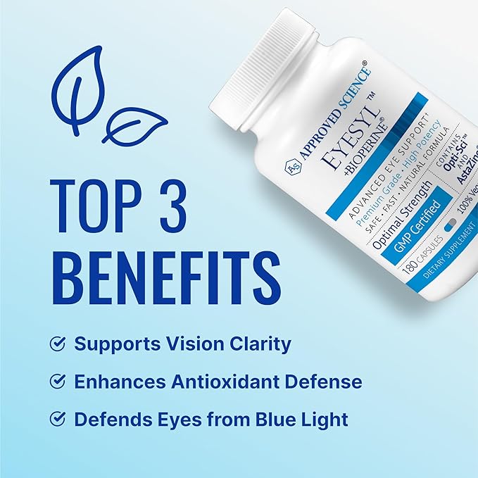 Approved Science EyeSyl - Eye Support Supplement - Chromium Picolinate Taurine Lutein Zeaxanthin Bilberry BioPerine - 3 Month Supply - 180 Capsules - Made in USA