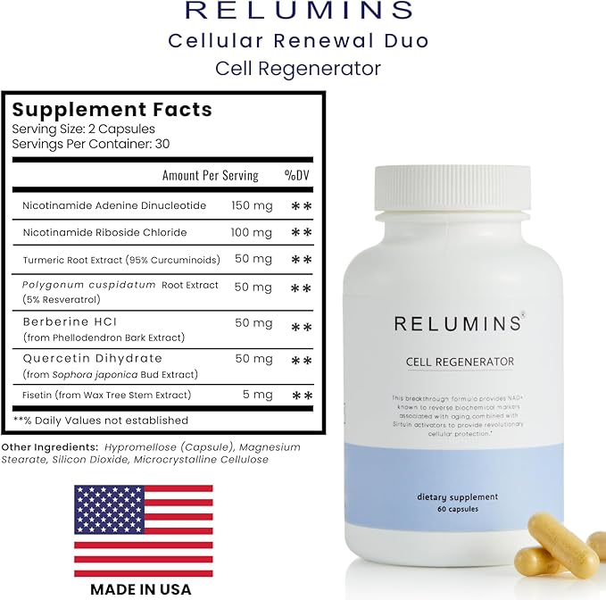 Relumins Cellular Renewal Duo – Advanced Cell Regenerator + Age Defense Complex – NAD+ &amp Energy Support with Resveratrol CoQ10 &amp Glutathione – Two-Step Daily Wellness System