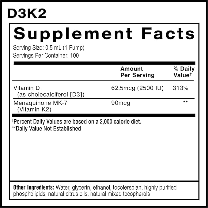 Quicksilver Scientific Nanoemulsified D3K2 - Emulsified Liquid Vitamin D3 + K2 MK7 Liposomal Supplement for Heart Bone Health + Immune Support - Bioactive 2500IU for Enhanced Absorption (1.7oz/50ml)