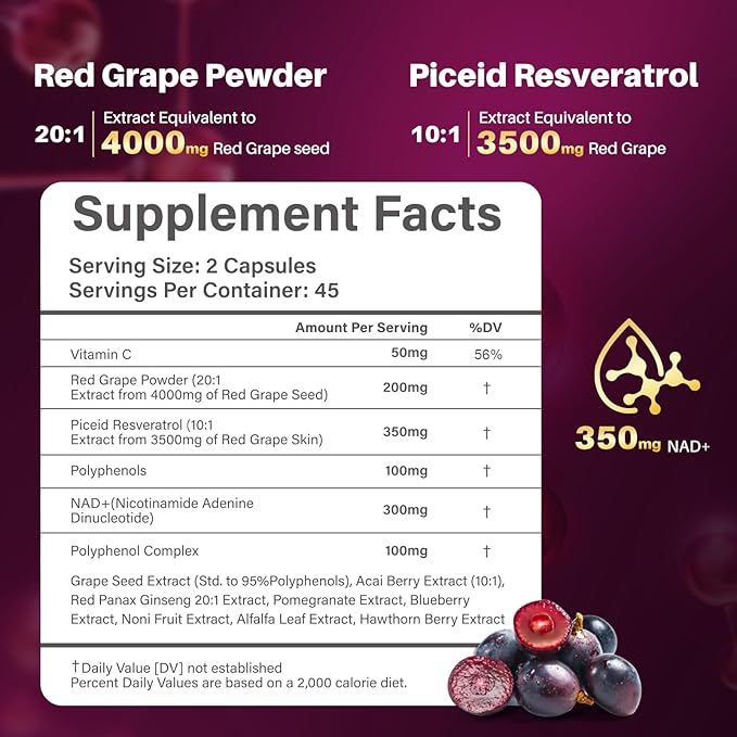 Piceid Resveratrol Supplement and NAD+ Cell Regenerator Nitric Oxide Supplement Support Heart Health Blood Flow Cellular Energy Production &amp Metabolism Red Grape Powder 45 Day Supply