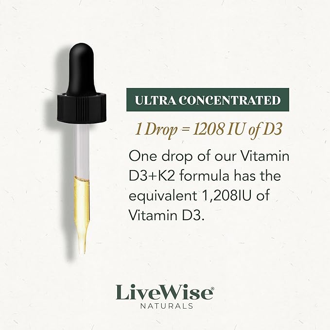 Vitamin D3 K2 Drops for Adults - 930 Drops Ultra Concentrated Formulation Fast Absorption 1208 IU Vitamin D3 25 MCG (MK-7) - Micro-Dosing Dropper for Calcium &amp Bone Support
