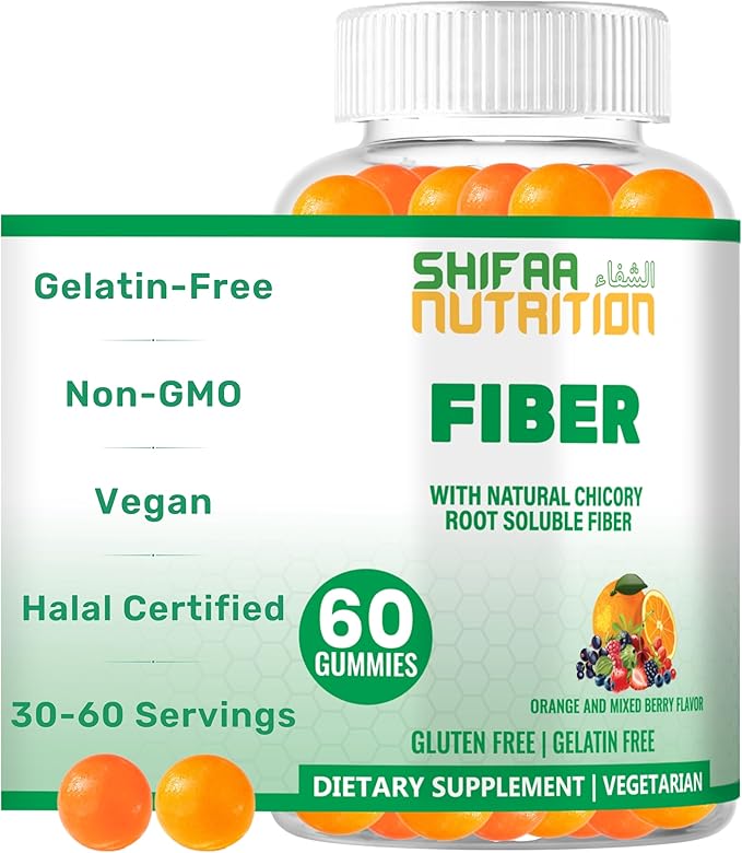 SHIFAA NUTRITION Halal &amp Gluten Free Fiber Gummies for Kids &amp Adults | 4g 30-60 Servings | 60 Gummies | Improves Digestive Health Immunity &amp Gut Health | Vegan Prebiotic | Non-GMO Gelat