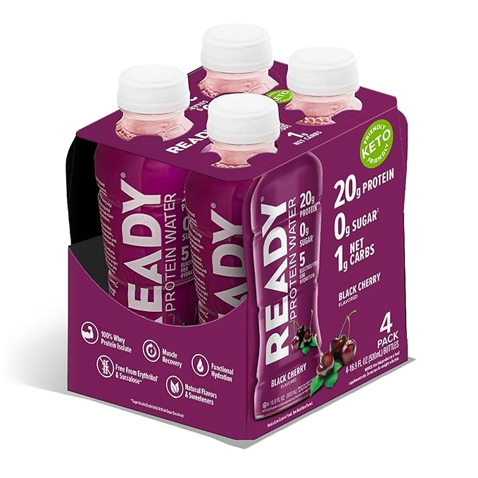 Ready® Clear Protein Water - 20g Whey Protein Isolate Zero Sugar Low-Calorie Sports Drink for Hydration &amp Recovery - Electrolytes Essential Amino Acids - 8CT Total - 4CT Black Cherry x2 16.9 f
