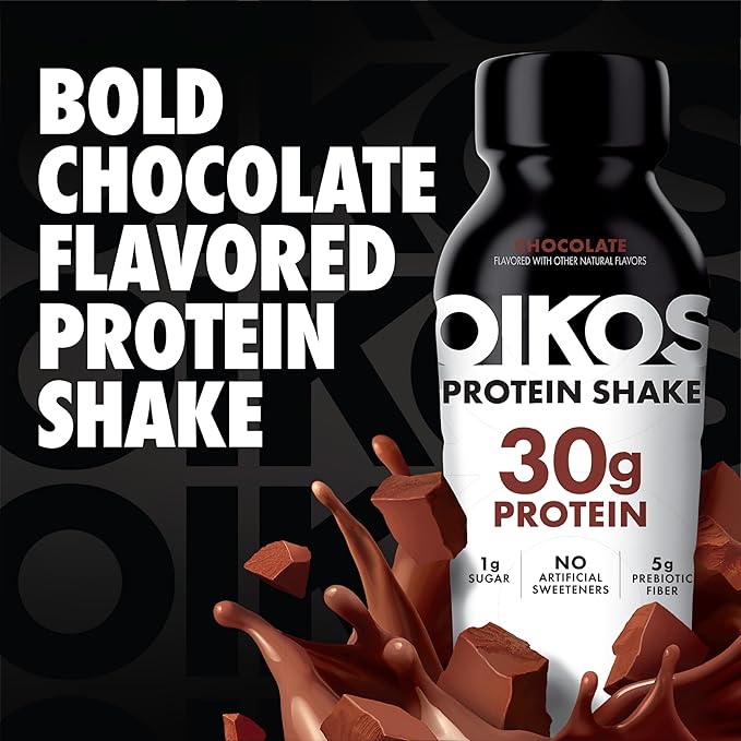 Oikos Protein Shake Chocolate 30g High Protein Drinks Shelf Stable Ready to Drink 5g Prebiotic Fiber 12 fl oz Bottle 12 Count