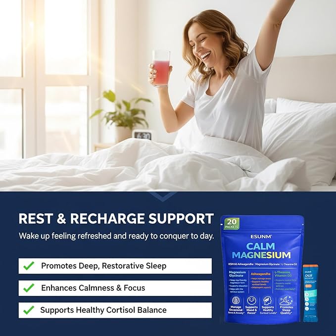 ESUNM Calm Magnesium Drink Mix Packets Magnesium Glycinate with KSM-66 Ashwagandha L-Theanine GABA Saffron &amp Vitamin D3 Relaxation Mood &amp Sleep Support Raspberry Lemonade 20 Stick Pack
