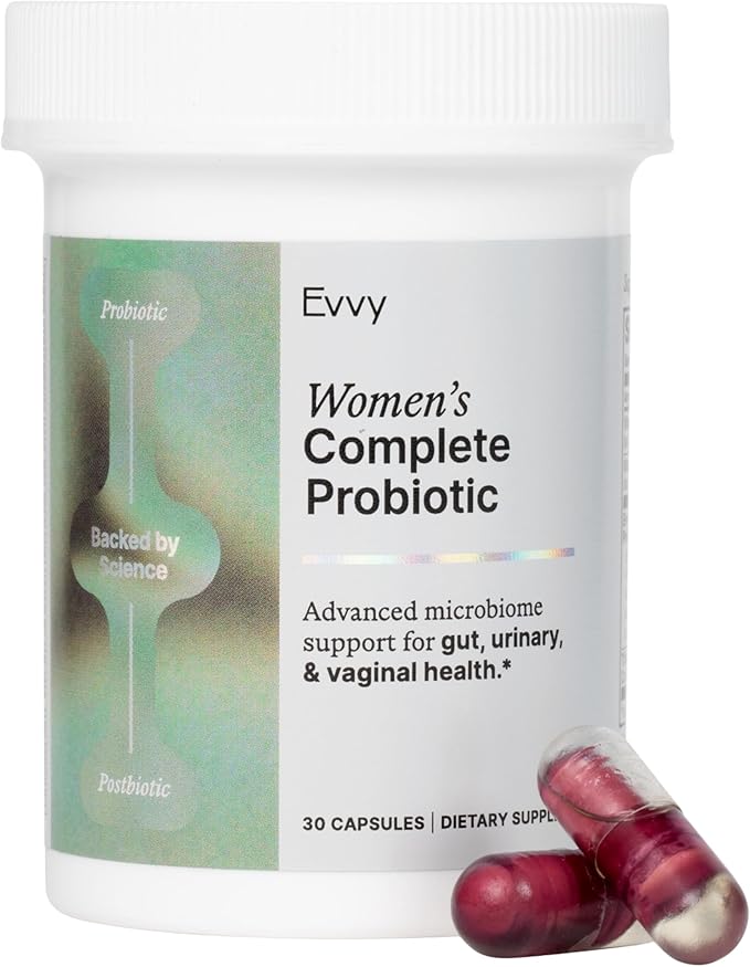 Evvy Women's 3-in-1 Complete Probiotic I Daily Probiotic Supplement to Reduce Bloating I Supports Gut Urinary &amp Vaginal Health | Includes Vaginal Probiotics for Feminine Care | 30 Day Supply