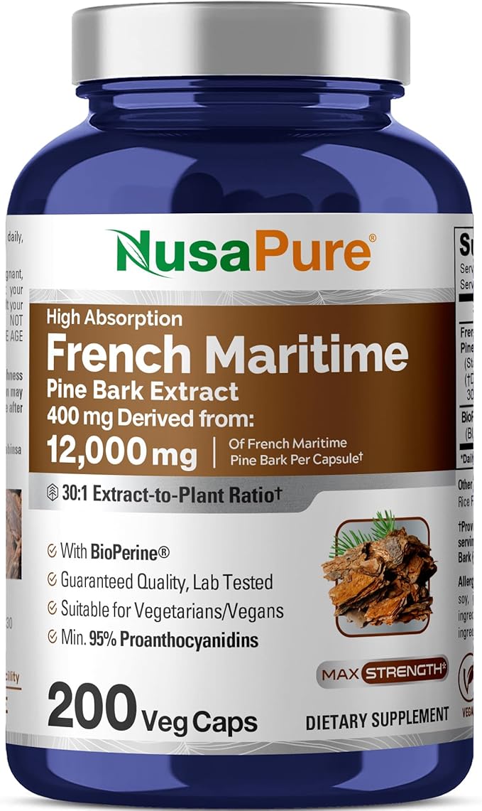 NusaPure French Maritime Pine Bark 30:1 Extract 400 mg Equivalent to 12000 mg Per Veggie Caps 200-Day Supply Bioperine (Non-GMO &amp Vegan)