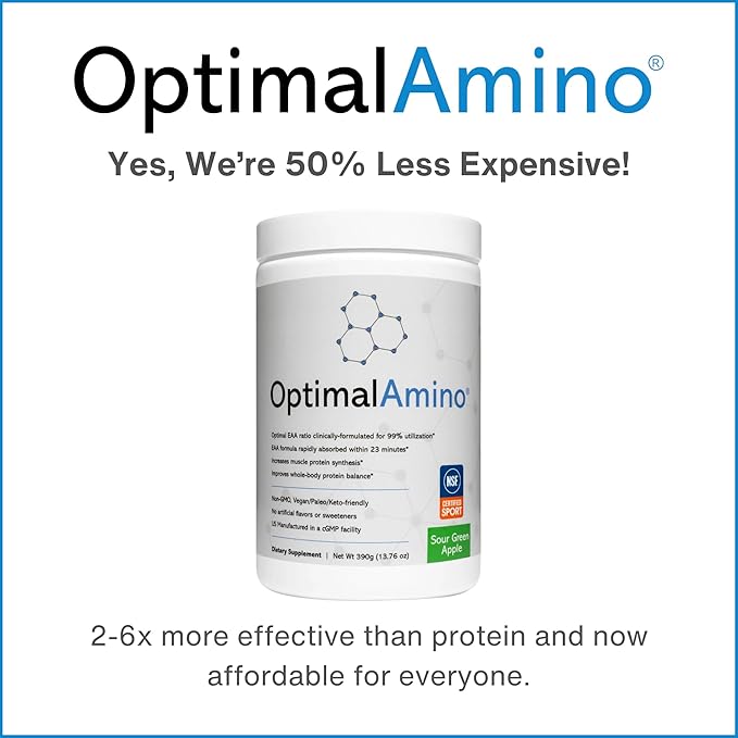 OptimalAmino Amino Acid Powder | 99% Utilized Essential Amino Acid (EAA) Supplement | Pre/Post Workout &amp Muscle Recovery | NSF for Sport Certified | Sour Green Apple Flavor