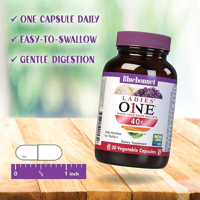 Bluebonnet Nutrition Ladies’ ONE 40+ Whole Food-Bed Multiple Women Multivitamin for Women 40+ Soy-Free Non-GMO Gluten Free 60 Vegetable Capsules 60 Servings