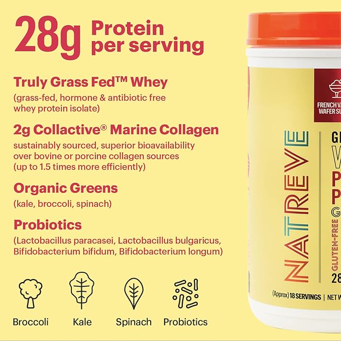 Natreve Whey Protein Powder - 28g Grass-Fed Whey Protein with Amino Acids Probiotics &amp Collagen - Gluten Free French Vanilla Wafer Sundae 18 Servings