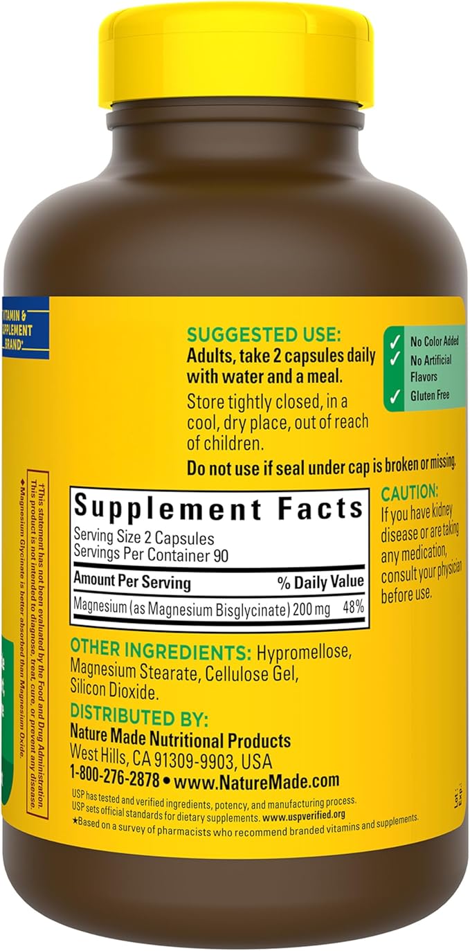 Nature Made Magnesium Glycinate 200 mg per serving Magnesium Supplement for Muscle Heart Nerve and Bone Support 180 Magnesium Bisglycinate Capsules 90 Day Supply