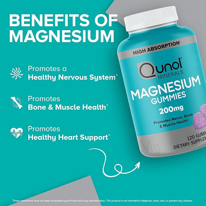 Qunol Magnesium Gummies for Adults 200mg Elemental Magnesium (from 1750mg Magnesium Citrate) High Absorption Magnesium Supplement Supports Nerve Bone and Muscle Health Vegetarian 120 Count
