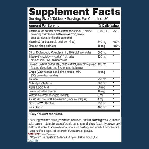 Advanced Bionutritionals – Advanced Vision Formula Supplement Healthy Vision Eye Function Support Eye Vitamins Lutein Zeaxanthin Vitamin A C Zinc Gluten Free Dairy Free Vegan (60 Tablets)