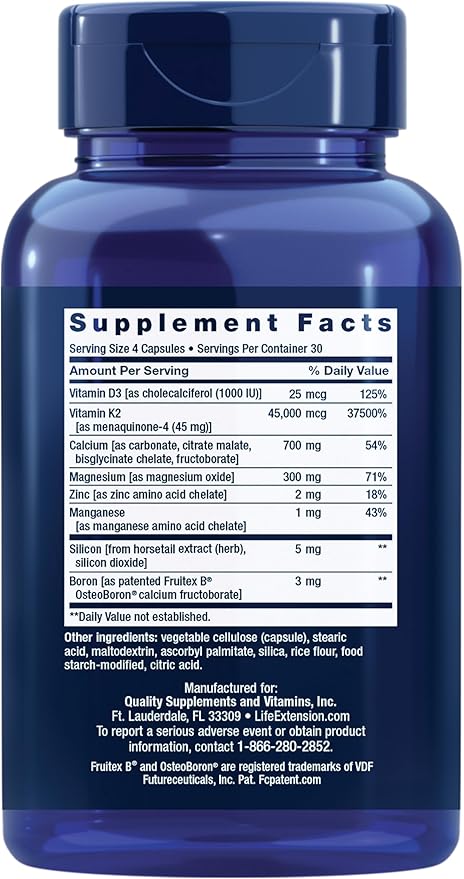 Life Extension Bone Restore Elite Calcium Supplement with Super Potent K2 Calcium Vitamin D3 Magnesium Boron zinc Vitamin K2 for Bone Health Gluten-Free Non-GMO 120 Capsules