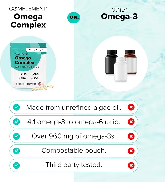 Vegan Omega 3 Supplement- 960mg Omega-3 Fatty Acids DHA EPA SDA ALA Supplement - Immune Support- 30 Servings 60 Liquid Capsules