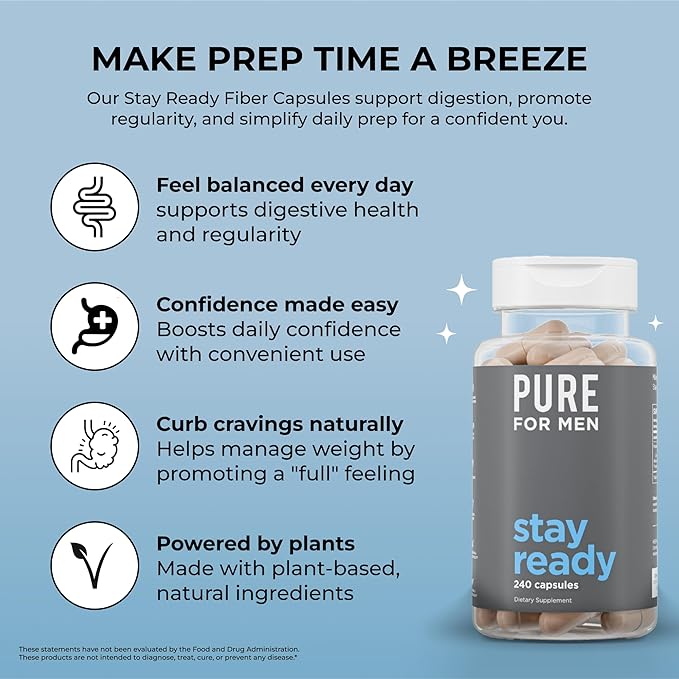 Pure for Men Original Cleanliness Stay Ready Fiber Supplement | Helps Promote Digestive Regularity | Psyllium Husk Aloe Vera Chia Seeds Flaxseeds | Proprietary Formula | 240 Vegan Capsules