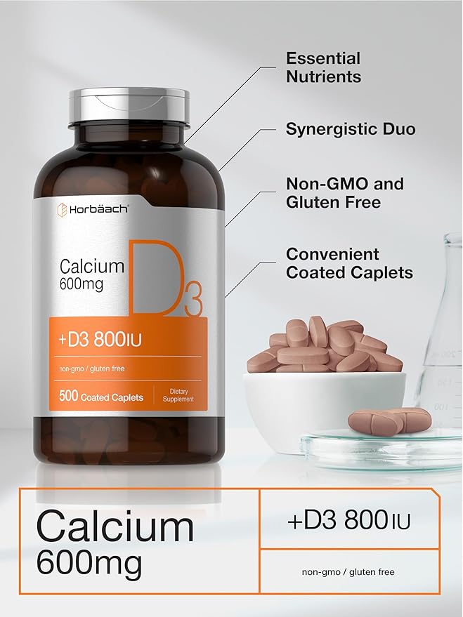 Horbaach Calcium 600 mg with Vitamin D3 | 500 Coated Caplets | for Women and Men | Non-GMO &amp Gluten Free Supplement