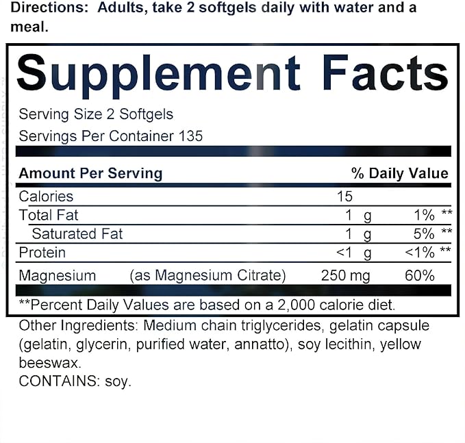 Kirk Lands Signatures Magnesium Citrate 250 mg Softgels 270 Count - Easy to Swallow Daily Supplement