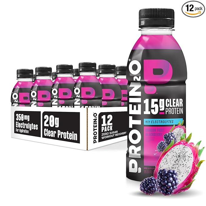 Protein2o Hydration Drink - 2-in-1 Liquid Clear Whey Protein Isolate and Electrolyte Drink - 15g Protein Vitamins B5 B6 - Post-Workout Recovery - 16.9 Fl Oz - 12 Count Dragon fruit Blackberry
