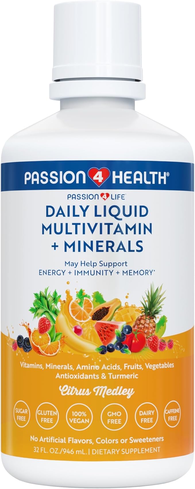 Mega Liquid Multivitamins Trace Minerals Amino Acids Turmeric for Adults Men Women Teens Kids Non-GMO No Soy No Dairy