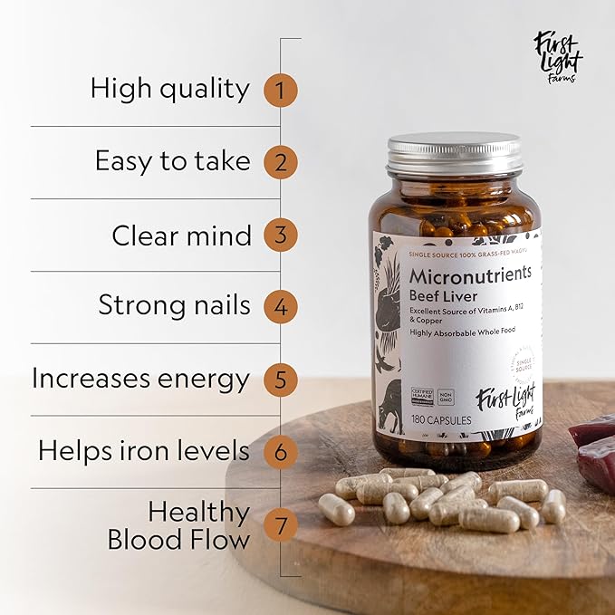 First Light Farms Grass-Fed Beef Liver Capsules | Nutrient-Dense Whole Food Nutrition Freeze-Dried Grassfed &amp Certified Humane | 180 Capsules for Energy Immunity and Overall Wellness