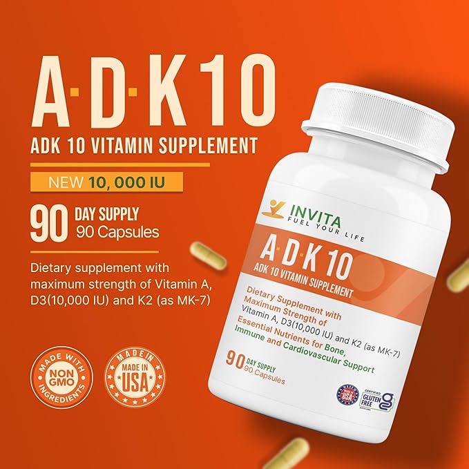 INVITA ADK 10 Vitamin Supplement – 90 Capsules – High Potency of Vitamin A D3 10000 IU &amp K2-MK7 – Physician Formulated ADK for Bone Heart &amp Immune Support – Non-GMO Gluten Free (3-Month S
